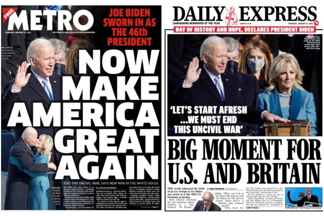 Metro repurposed Donald Trump's election slogan, "Make America Great Again", while the Daily Express highlighted the importance of Mr Biden's presidency for the UK.