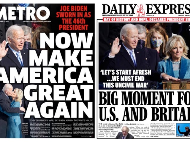 Metro repurposed Donald Trump's election slogan, "Make America Great Again", while the Daily Express highlighted the importance of Mr Biden's presidency for the UK.