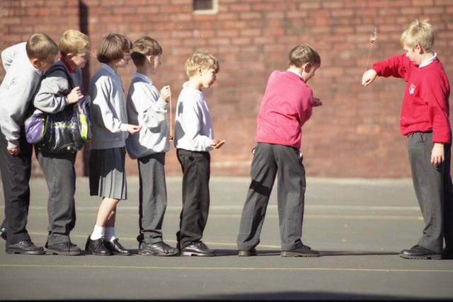 Youngsters at Barnes Junior School were going conker bonkers.
Ian Dunn (right) accepts a challenge from Daniel Reekie, while waiting for their chance are (from left) Richard Marsden, Ryan Kent, Nicola Redpath, Mark Slaughter and Richard Divers.