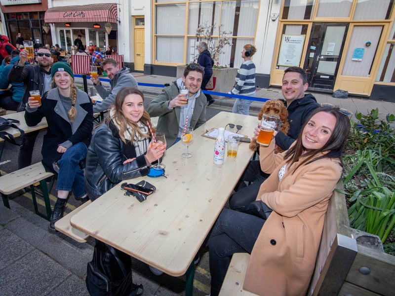 Rebecca Twining, Charlie Beasy, Sarah Harding and Matt Williams enjoying a drink at the Meat and Barrel, Southsea
