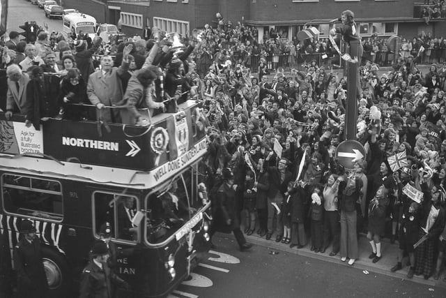 The homecoming parade with fans gathered at The Wheatsheaf. A day to remember.