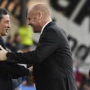 BURNLEY, ENGLAND - AUGUST 28: Sean Dyche manager of Burnley and Jack Ross manager of Sunderland shake hands prior to the Carabao Cup Second Round between Burnley and Sunderland at Turf Moor on August 28, 2019 in Burnley, England. (Photo by George Wood/Getty Images)