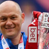 LONDON, ENGLAND - MAY 21: Alex Neil, Manager of Sunderland poses with the Sky Bet League One Play-Off trophy following victory in the Sky Bet League One Play-Off Final match between Sunderland and Wycombe Wanderers at Wembley Stadium on May 21, 2022 in London, England. (Photo by Justin Setterfield/Getty Images)