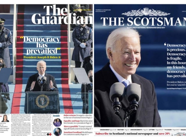 The Guardian and The Scotsman both used full page photos of Mr Biden during his inaugural address, where he insisted that "democracy has prevailed".