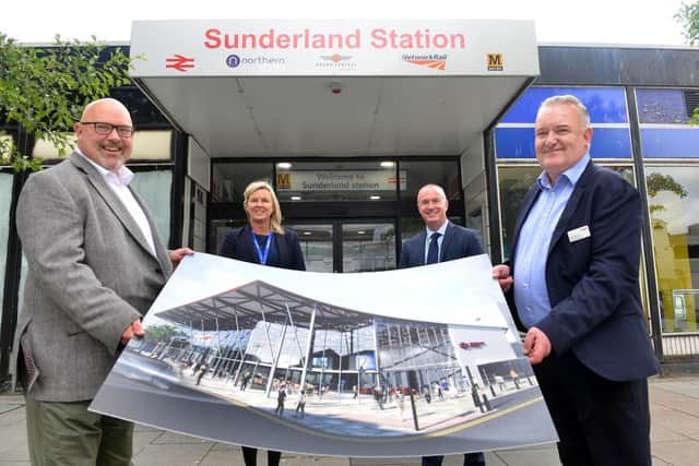 Sunderland's new train station plans after multi-million transformation. From left leader of Sunderland City Council Cllr Graeme Miller, station operator regional director at Northern Rail Kerry Peters, chief operating officer at Nexus Martin Kearney and regional director at Network Rail Kieran Dunkin.