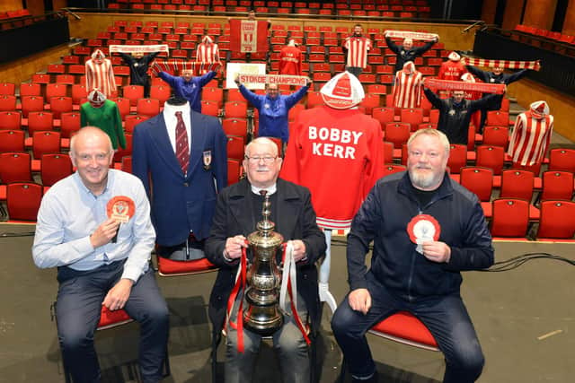 SAFC legend Bobby Kerr with John Mowbray, Fans Museum founder Michael Ganley, right, and his team.