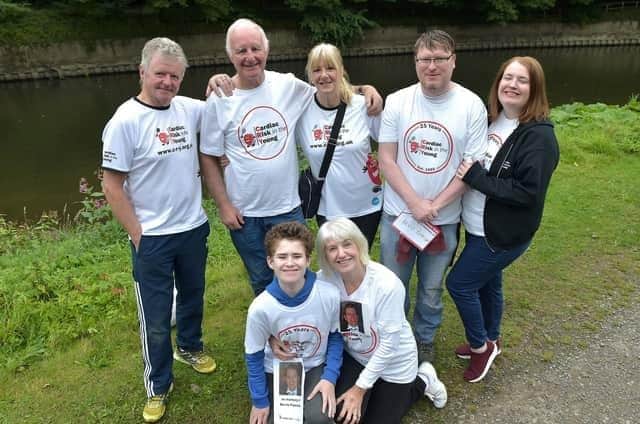 The Annual CRY (Cardiac Risk in the Young) Heart of Durham Walk.Team Paterson walking in memory of Kevin Paterson, Mum Patricia is front right.