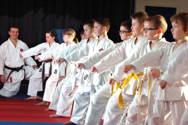 Kevin Blewitt, left, with his Kazen Kai karate club which was based at the Holy Family Church Hall, Grindon in 2012.