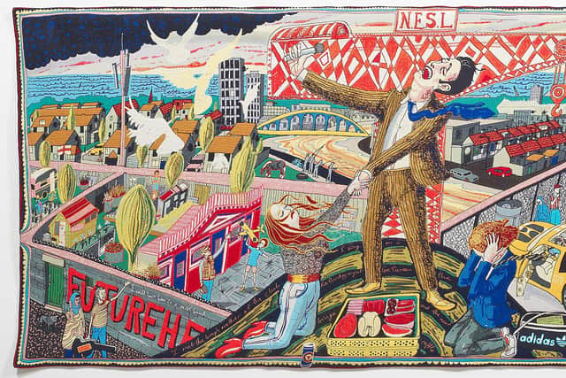 Grayson Perry, The Agony in the Car Park, 2012, Wool, cotton, acrylic, polyester and silk tapestry, Edition of 6 + 2 AP, 200 x 400cm. © the artist. Gift of the artist and Victoria Miro
Gallery with the support of Channel 4 Television, the Art Fund and Sfumato Foundation with additional support from AlixPartners