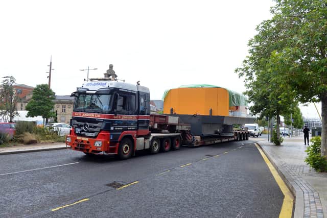 The first of a convoy of six abnormal load HGVs passing through Sunderland city centre.