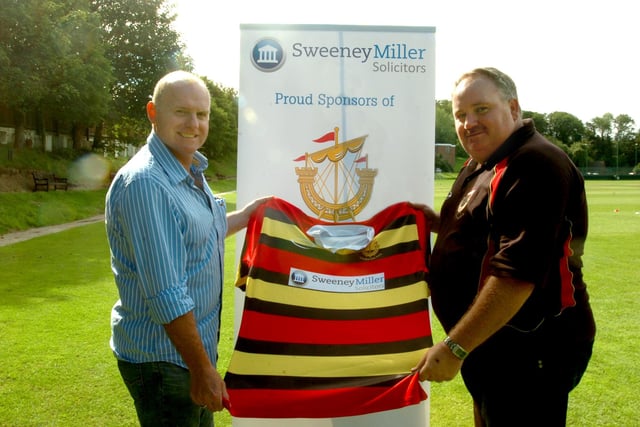 From left, Paul Miller of Sweeney Miller Solicitors with Ashbrooke Rugby Club chairman Paul Geehan as they show off new rugby shirts. Do you remember them?