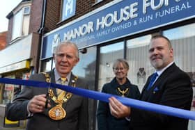 Mayor Cllr Henry Trueman with wife Cllr Mayoress Dorothy Trueman and Director Stephen Corpe at the opening of Manor House Funerals on Sea Road