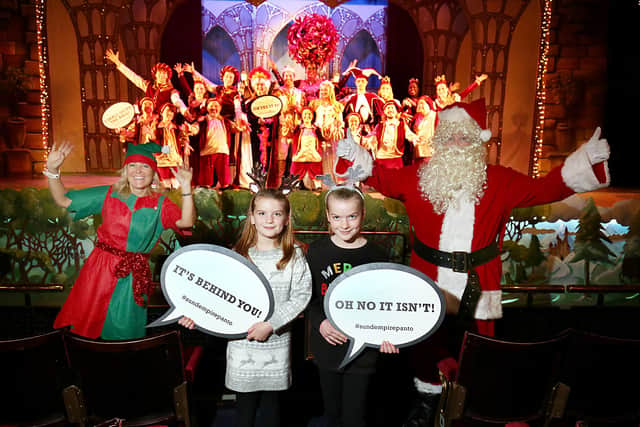 From left: Susie Thompson, executive director of housing at Gentoo, two young pantomime goers and Santa Claus, a good friend of Nigel Wilson, CEO of Gentoo with the Snow White and Seven Dwarfs cast in the background including Miss Rory, Su Pollard and Tom Whalley.
