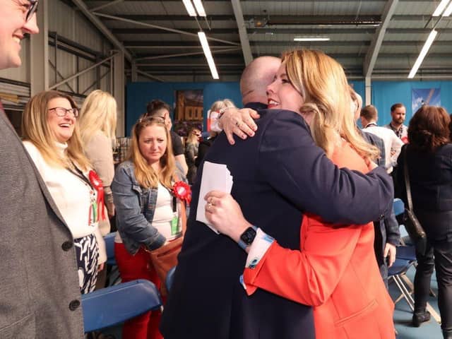 Labour candidate Kim McGuinness celebrates after winning the North East Mayor election at Silksworth Centre in Sunderland this afternoon (FRI).See Mayoral Elections round-up