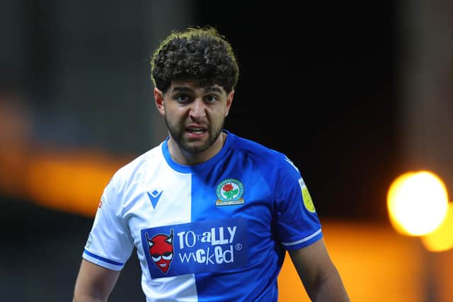 BLACKBURN, ENGLAND - MARCH 15:  Reda Khadra of Blackburn Rovers looks on during the Sky Bet Championship match between Blackburn Rovers and Derby County at Ewood Park on March 15, 2022 in Blackburn, England. (Photo by Alex Livesey/Getty Images)