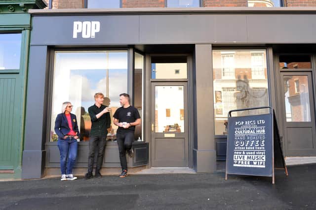 Works continue at Pop Recs ahead of opening with a new cafe and home to the pop-up Midnight Pizza Cru. From left Pop Recs Jo Gordon and Michael McKnight with Midnight Pizza Cru owner Dan Shannon.