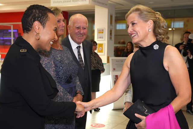 The Countess of Wessex (right), Patron of the Foundation of Light charity, is greeted by Emeli Sande (left), as she arrives at the charity's Gala Awards Dinner at the foundation's home, the Beacon of Light. Photo: Owen Humphreys/PA.