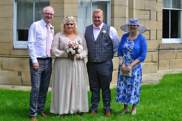 Lauren and Martyn Bell after their wedding at Bede Tower, Sunderland with Lauren's mum and dad Colin and Audrey Barber at Bede Tower, Sunderland Picture by Frank Reid