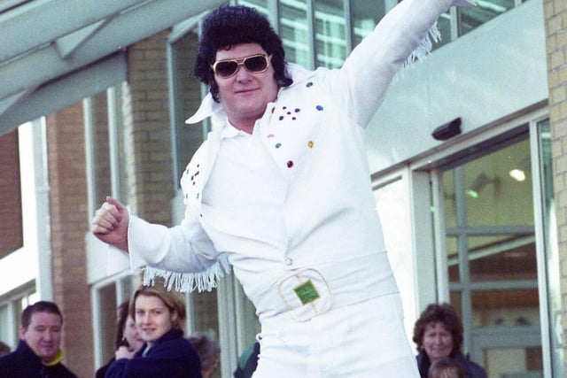 Elvis strikes a pose at Asda, Grangetown in January 2000, as part of a nationwide Asda stores celebration of Elvis's 65th birthday. Shoppers were treated to old favourites like Jailhouse Rock on the shop's PA system. Kevin Wilson, security manager at the Grangetown store, dressed as The King.