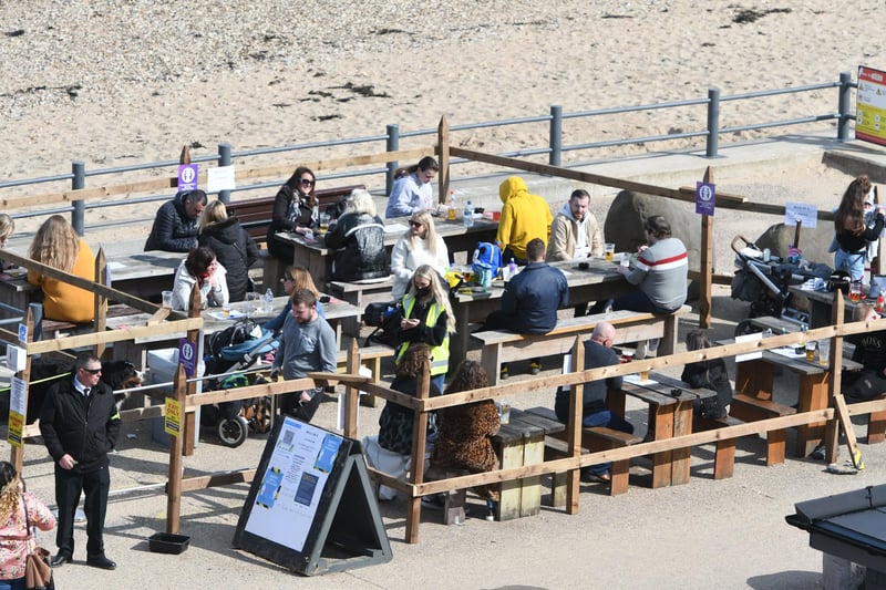 People enjoy their first weekend drinks with friends following the easing of lockdown restrictions at the seafront beer garden outside of Grannie Annie's in Roker on Saturday.