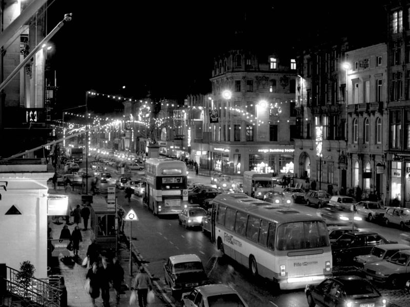 Christmas lights and Christmas decorations strung across George Street in Edinburgh, December 1986.