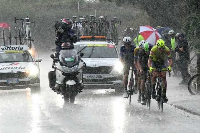 Tour of Britain leaders ride through torrentail rain as they climb up Coaley Lane, Newbottle on their way to Sunderland town centre.