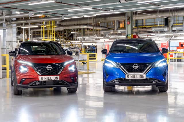 All cars produced by Nissan in the UK, including the Juke (left) and Qashqai (right), has an electrified version.
