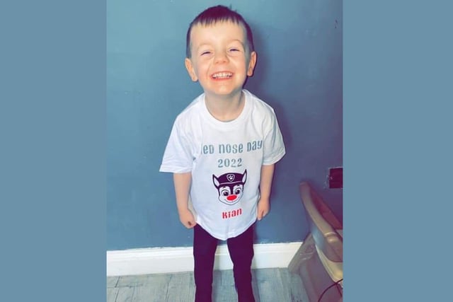 Kian's ready for action in his Paw Patrol-themed Red Nose Day t-shirt.