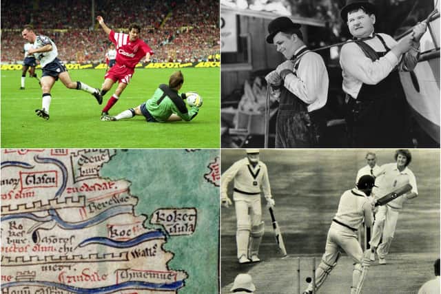 Clockwise from top left: Liverpool v Sunderland 1992 FA Cup final, Laurel & Hardy, fast bowler Bob Willis and 13th century Roker.