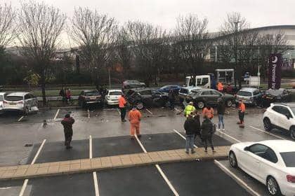The scene at the Lakeside Premier Inn car park in Doncaster after a lorry lost control.
