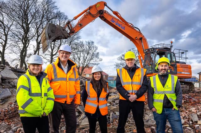 From left at the new development: Tracey Dobson, Graham Scanlan and Kate Lawrence all of Sunderland City Council, Cllr Kevin Johnson and Luke Lee of MCC. Picture by Elliot Nichol.