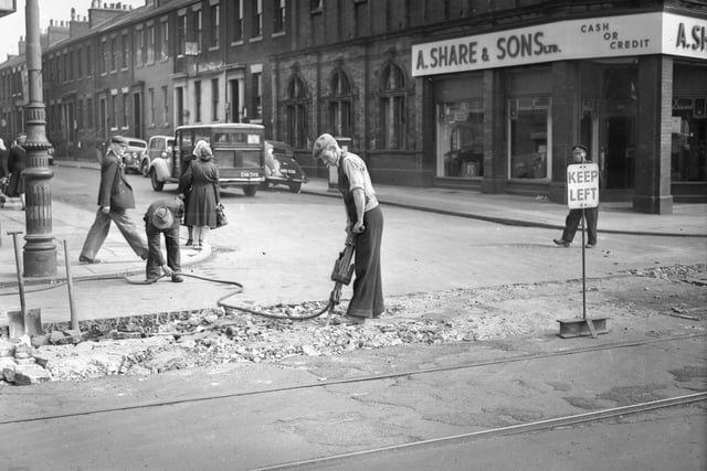 Removing tram tracks at the junction of Borough Road and Frederick Street.