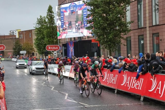 Cyclists approach the finish line in Sunderland city centre