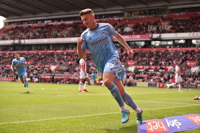 STOKE ON TRENT, ENGLAND - MAY 07: Viktor Gyokeres of Coventry City celebrates as he scores their first goal during the Sky Bet Championship match between Stoke City and Coventry City at Bet365 Stadium on May 07, 2022 in Stoke on Trent, England. (Photo by Nathan Stirk/Getty Images)