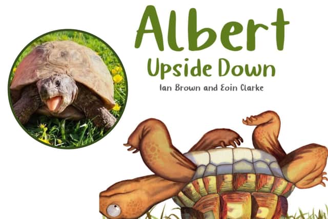 Albert the tortoise, inset, along with one of Ian Brown's book covers. Pictures supplied by Ian Brown.