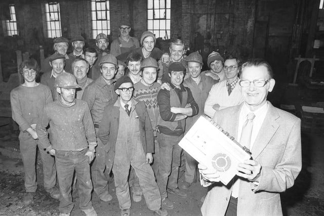 Norman Bolt with his workmates after the presentation of retirement gifts at the R W Collin Foundry in Pallion 41 years ago.