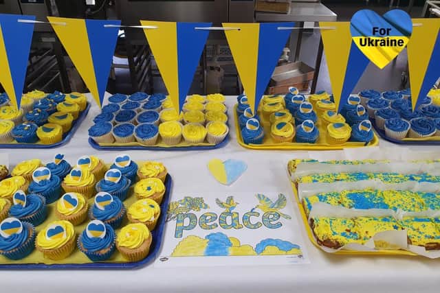 Some of the Ukraine themed cakes with messages of support.