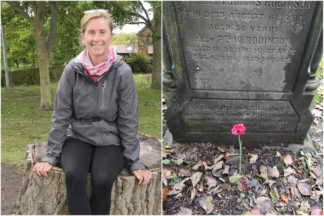 Karen Joynson, and the poppy marking Private Robinson's grave