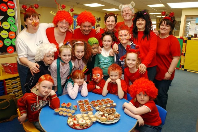 What a fundraiser! Pupils and staff at Biddick Primary held a Bad Hair Day combined with cake baking and a non-uniform event in aid of Comic Relief in 2005.