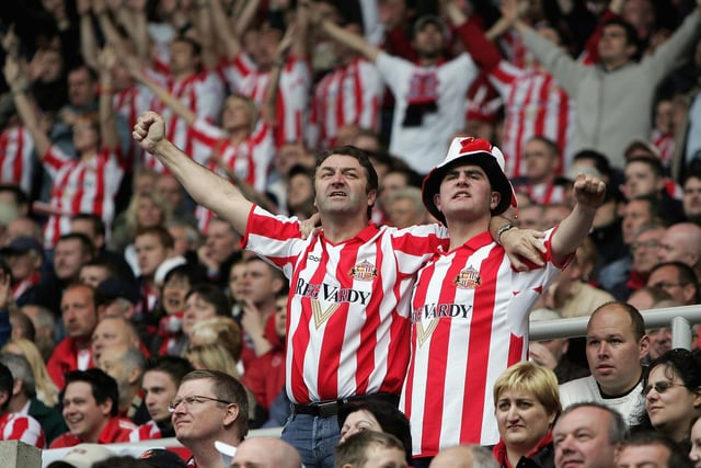 Sunderland fans celebrate their 1-0 victory and the championship after the Championship match between Sunderland and Stoke City at the Stadium of Light on May 8, 2005.