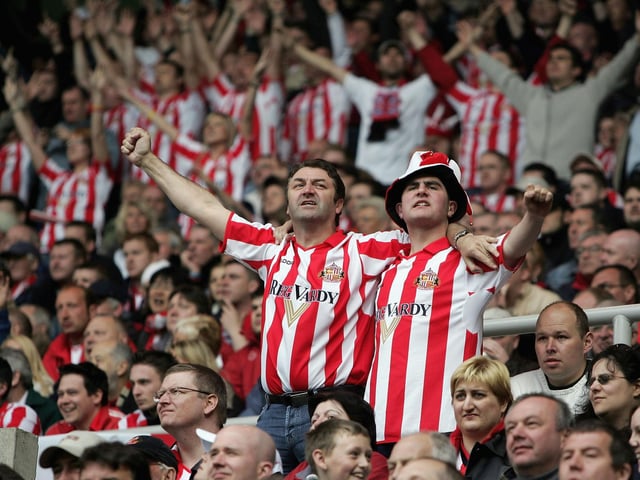Sunderland fans celebrate their 1-0 victory and the championship after the Championship match between Sunderland and Stoke City at the Stadium of Light on May 8, 2005.