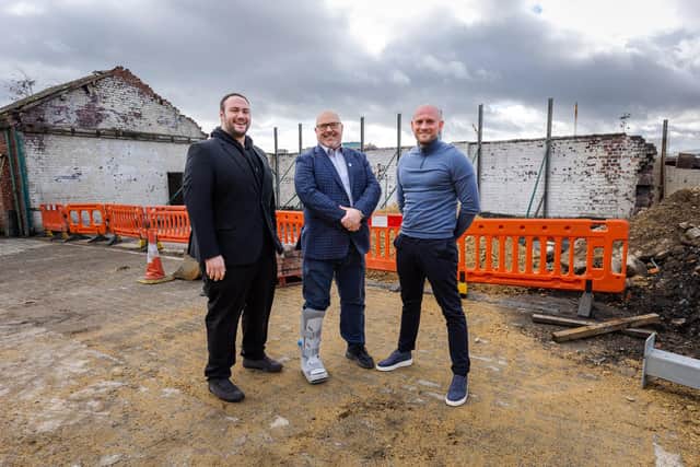 Chef Tam Hassan with Cllr Graeme Miller and BDN's Richard Marsden at the location of Tam's restaurant within the Sheepfolds development project in Sunderland.