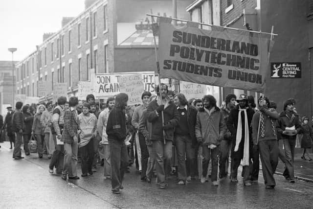 Sunderland Polytechnic students marched to the town's Civic Centre in November 1979 and handed in a petition protesting against the Government's proposed cuts in education.  The march marked the end of the students 24 hour occupation of the Polytechnic's Priestman and Galen Buildings, which was part of a nationally organised campaign by the National Union of Students against the cuts.