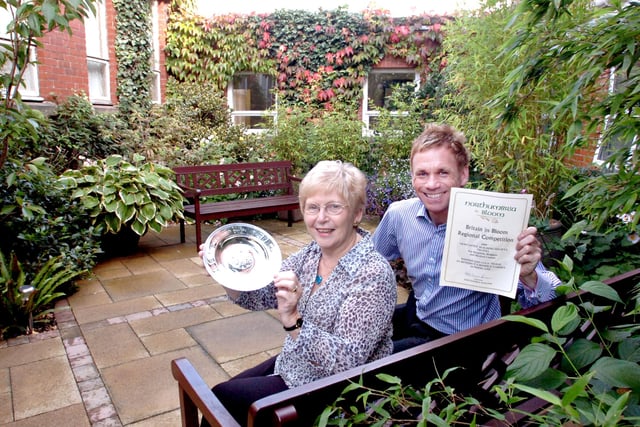 Anne Oliver of St. Benedicts Hospice, Monkwearmouth Hospital, and gardener Alan Mcmanus in the Hospice garden that won a Northumbria in Bloom award. Does this bring back memories from 2009?