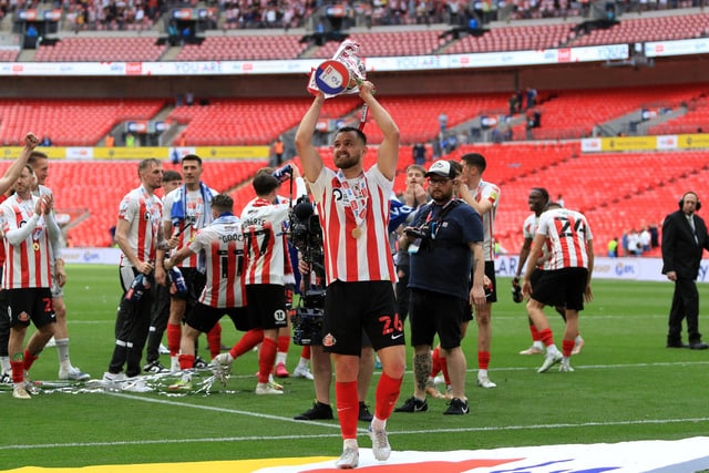 Bailey Wright holds the trophy aloft in front of Sunderland fans.