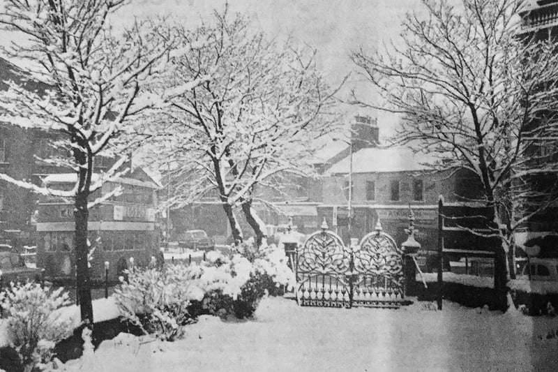 A sudden kick of winter when heavy snow fell on March 6 1962. The view is from the grounds of Wesley Church looking towards Church Square. Photo : Hartlepool Museum Service.