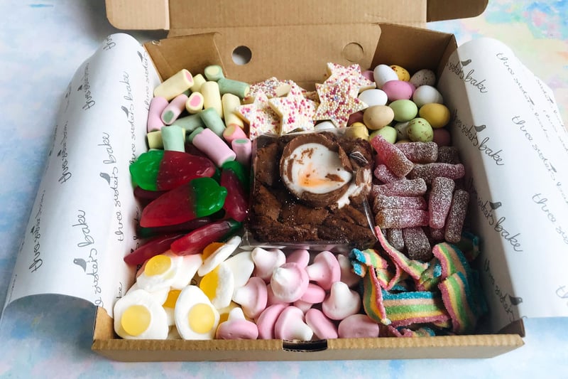 The Easter Sweetie Treat Box from Three Sisters Bake in Glasgow and Quarriers Village contains a Mini Egg cookie slice or Creme Egg brownie, each surrounded by a sweet shop's worth of sugary stuff. Order on their website. 
www.threesistersbake.co.uk