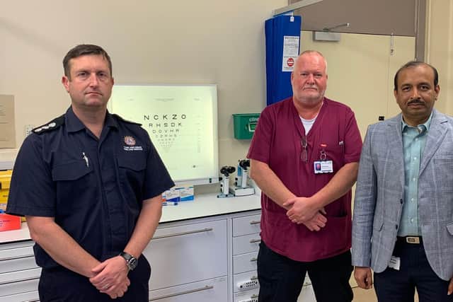 From left: Lee Bell, station manager of Sunderland Central Community Fire Station, specialist nurse practitioner Mark Robinson and Ajay Kotagiri, clinical director of Sunderland Eye Infirmary.