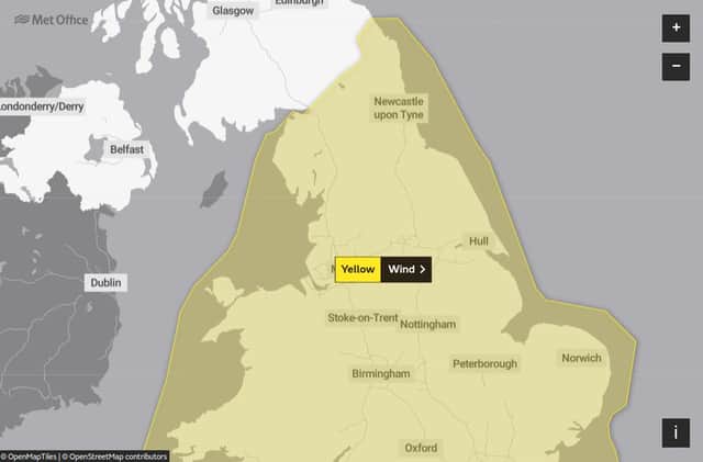 A graphic by the Met Office showing where the yellow wind warning will cover from 9pm on Wednesday, March 10, until 3pm the next day.