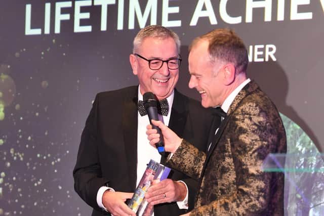 Sean Thompson, winner of the Lifetime Achievement Award, with host Jeff Brown at the Sunderland Echo Business Excellence Awards.